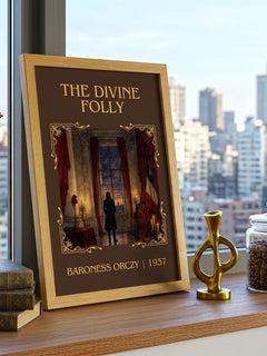 The Divine Folly Classic Book Art Print by Baroness Orczy – framed print on a city-view windowsill