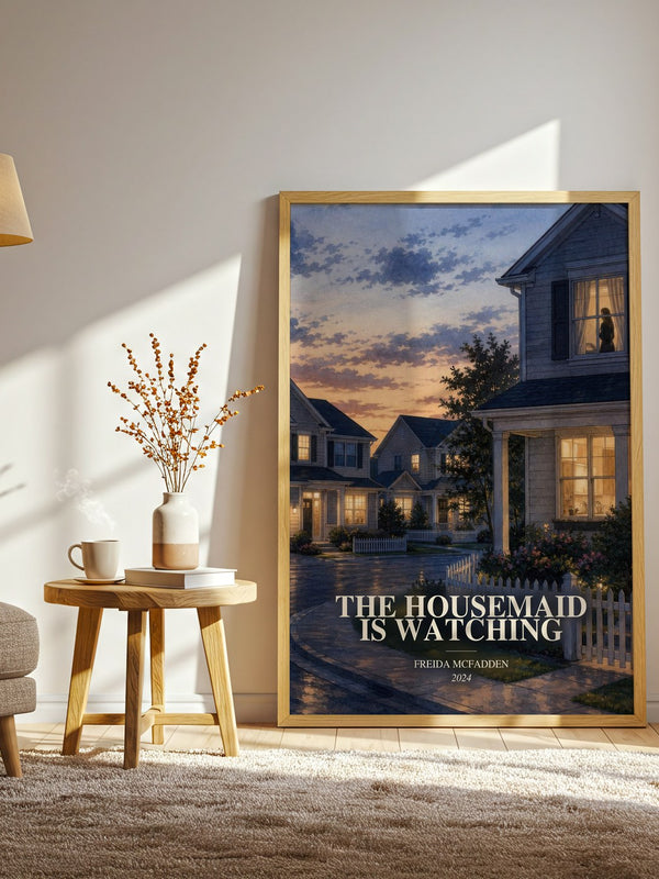 The Housemaid Is Watching watercolour print in frame leaning in hallway – thriller wall art