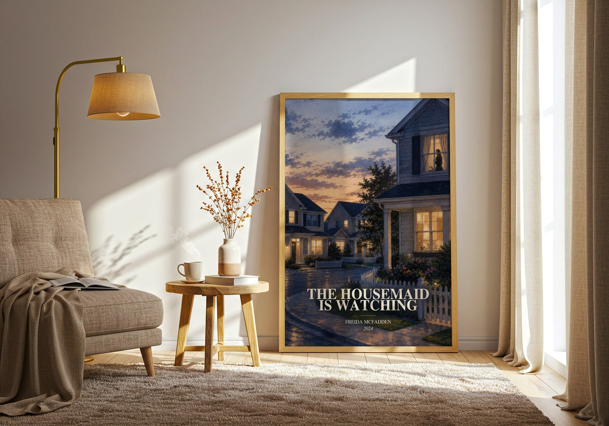 The Housemaid Is Watching watercolour print in frame leaning in hallway – thriller wall art
