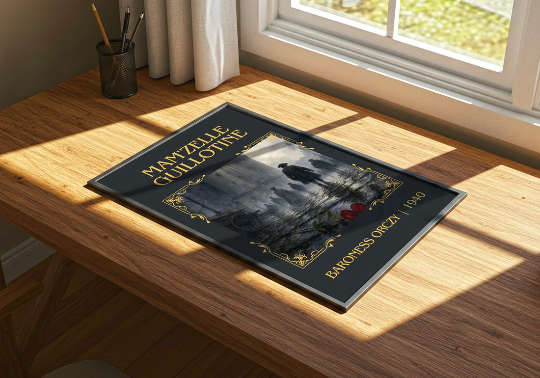 Mam'Zelle Guillotine Classic Book Art Print by Baroness Orczy – print on a sunlit desk