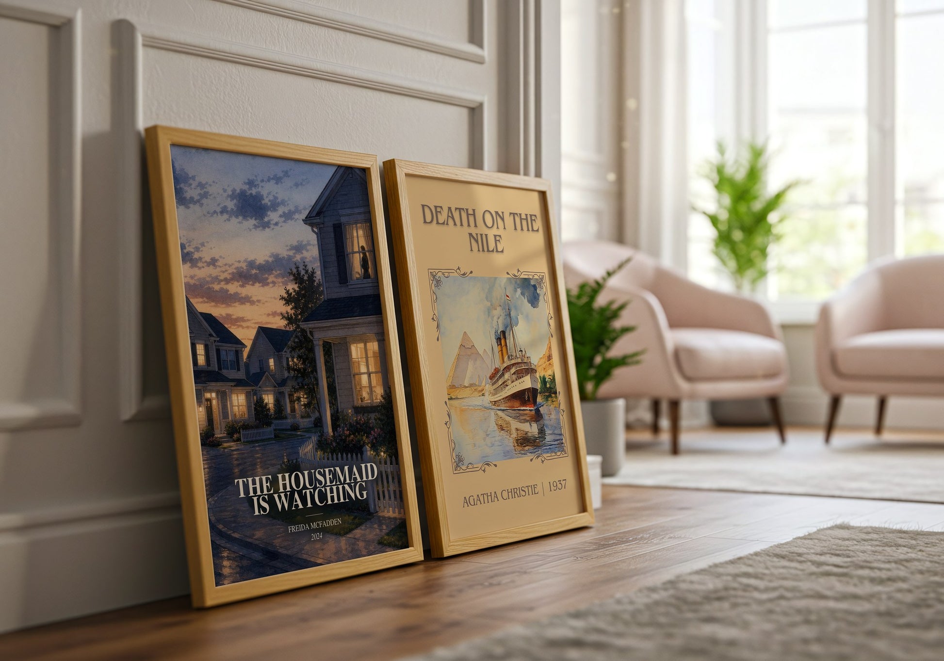The Housemaid Is Watching watercolour print framed by window – literary home decor