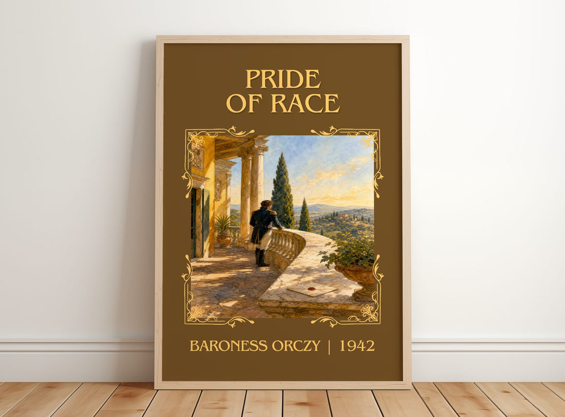 Pride Of Race Classic Book Art Print by Baroness Orczy – framed print leaning on a wooden floor
