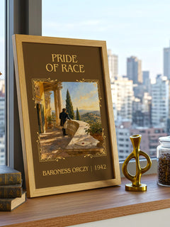 Pride Of Race Classic Book Art Print by Baroness Orczy – framed print on a city-view windowsill