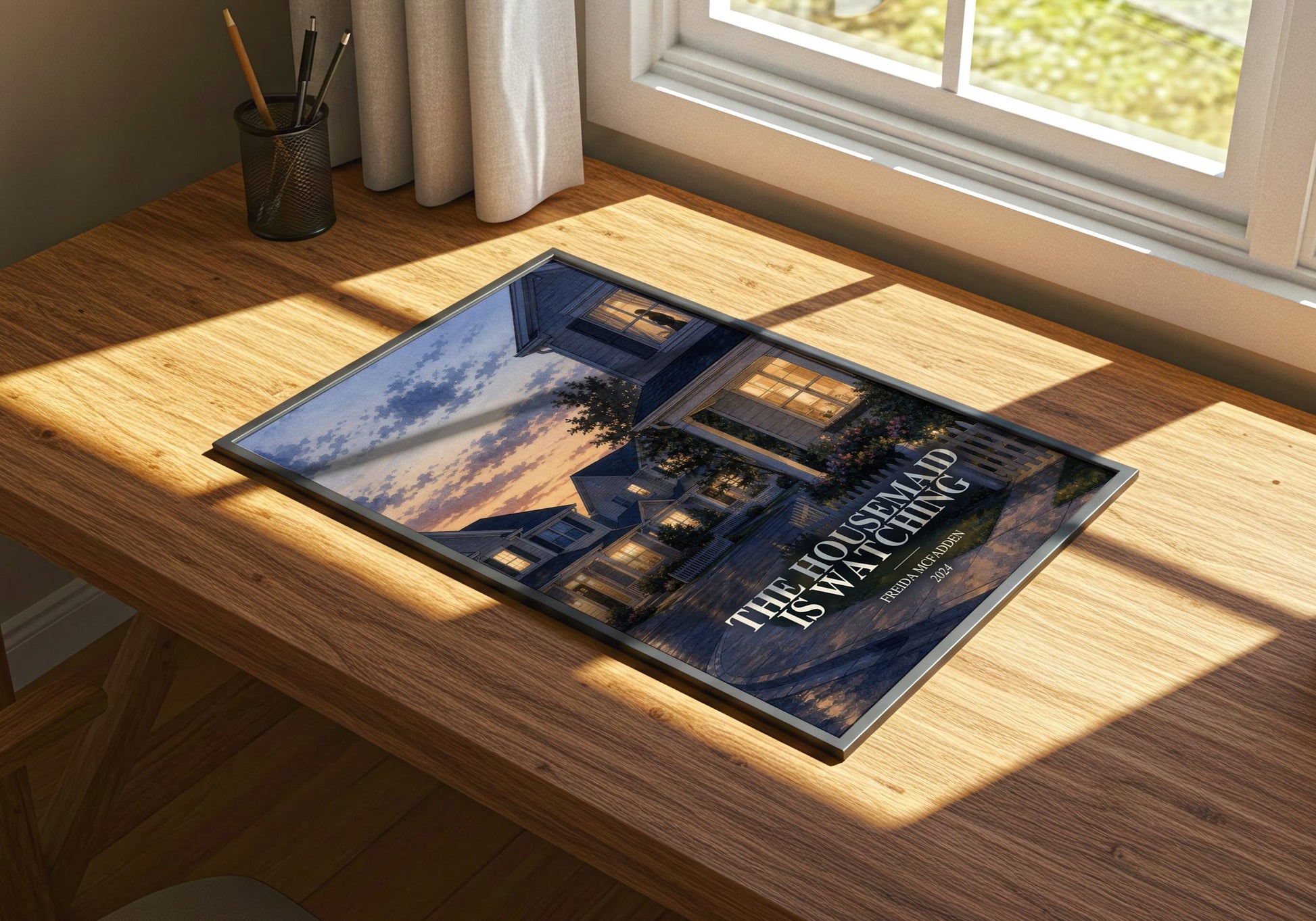 The Housemaid Is Watching watercolour book poster framed on wall – thriller wall art
