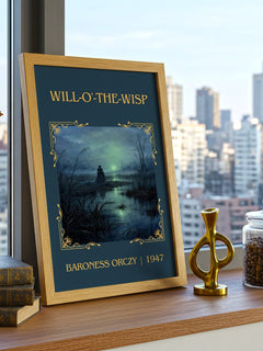 Will-O'-The-Wisp Classic Book Art Print by Baroness Orczy – framed print on a city-view windowsill