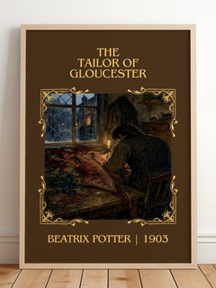 The Tailor Of Gloucester Classic Book Art Print by Beatrix Potter – framed print leaning on a wooden floor