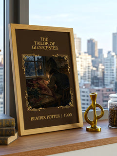 The Tailor Of Gloucester Classic Book Art Print by Beatrix Potter – framed print on a city-view windowsill
