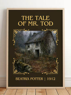 The Tale Of Mr. Tod Classic Book Art Print by Beatrix Potter – framed print leaning on a wooden floor