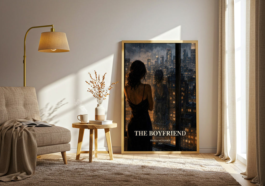 The Boyfriend watercolour print in frame leaning in hallway – thriller wall art (mockup)