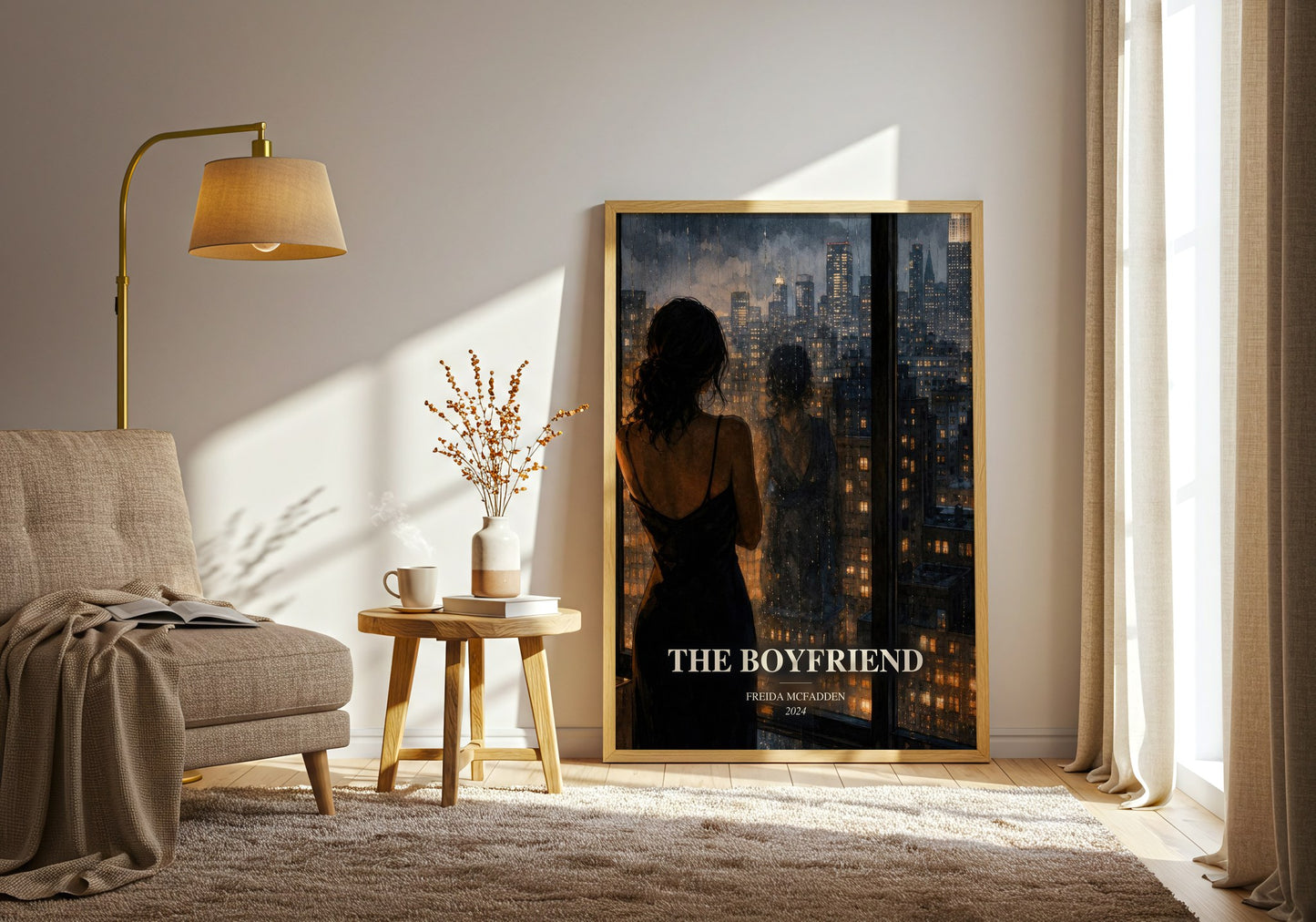 The Boyfriend watercolour print in frame leaning in hallway – thriller wall art