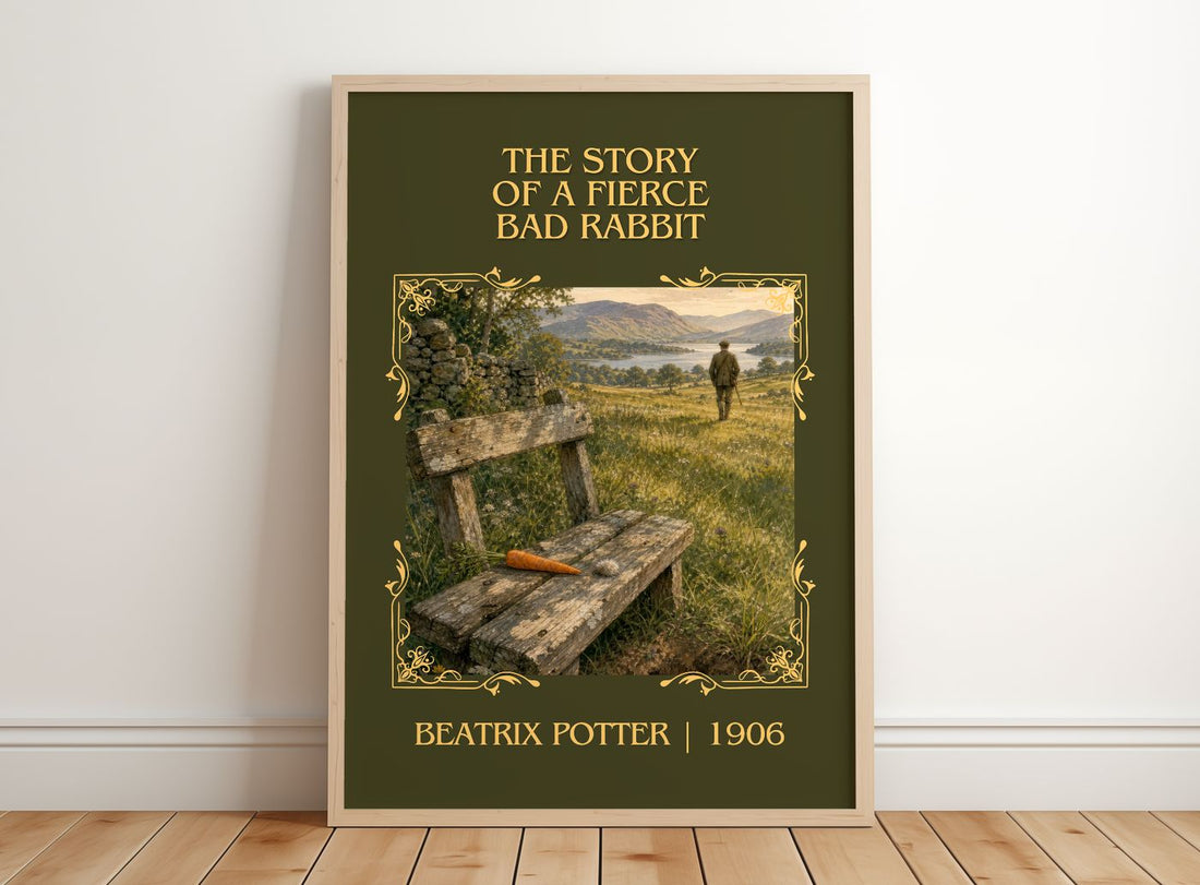 Story Of A Fierce Bad Rabbit Classic Book Art Print by Beatrix Potter – framed print leaning on a wooden floor