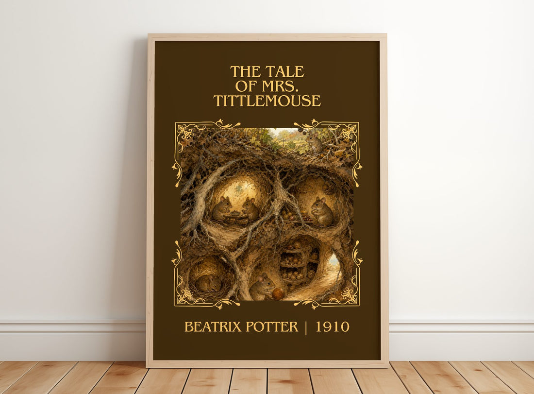The Tale Of Mrs. Tittlemouse Classic Book Art Print by Beatrix Potter – framed print leaning on a wooden floor