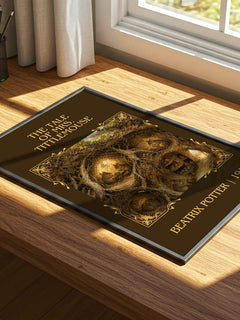 The Tale Of Mrs. Tittlemouse Classic Book Art Print by Beatrix Potter – print on a sunlit desk