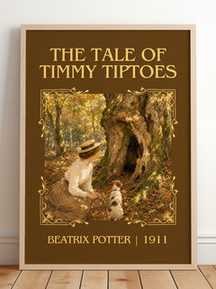 The Tale Of Timmy Tiptoes Classic Book Art Print by Beatrix Potter – framed print leaning on a wooden floor