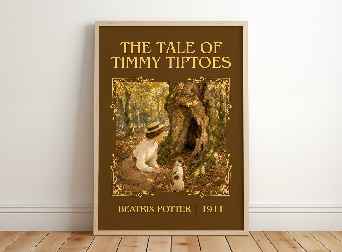 The Tale Of Timmy Tiptoes Classic Book Art Print by Beatrix Potter – framed print leaning on a wooden floor