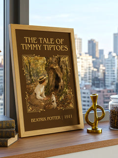 The Tale Of Timmy Tiptoes Classic Book Art Print by Beatrix Potter – framed print on a city-view windowsill
