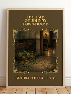 The Tale Of Johnny Town-Mouse Classic Book Art Print by Beatrix Potter – framed print leaning on a wooden floor