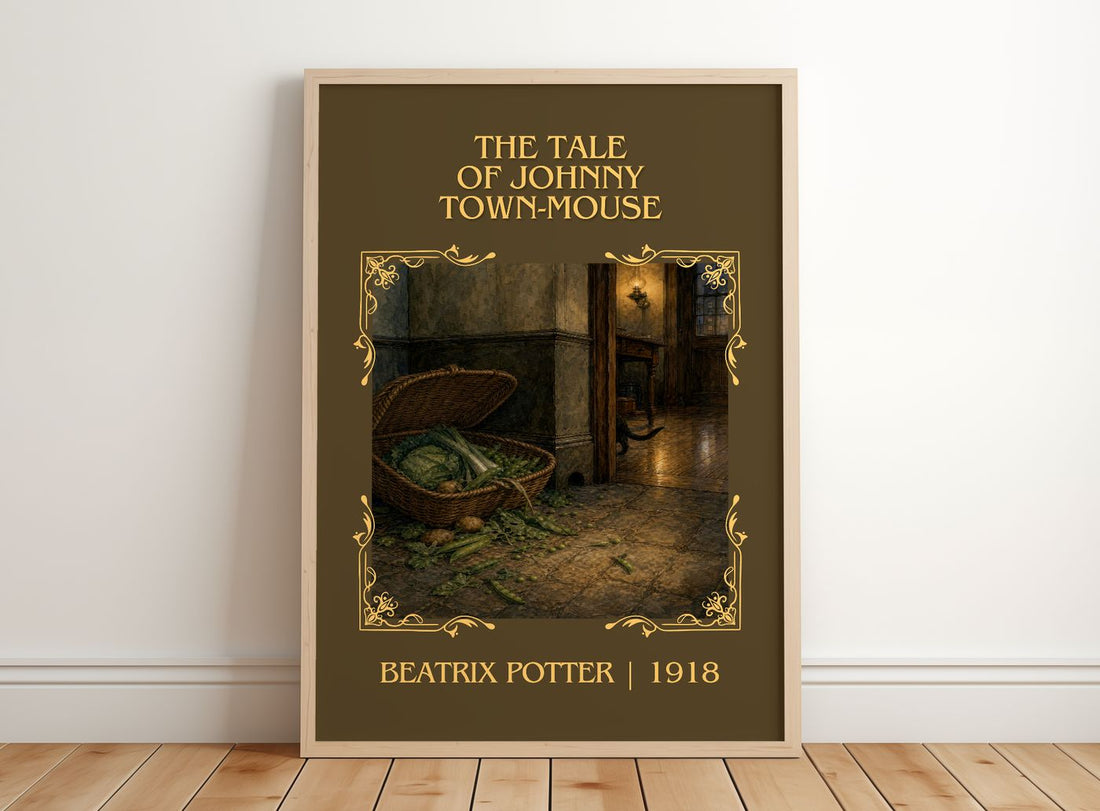 The Tale Of Johnny Town-Mouse Classic Book Art Print by Beatrix Potter – framed print leaning on a wooden floor