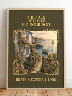 Tale Of Little Pig Robinson Classic Book Art Print by Beatrix Potter – framed print leaning on a wooden floor