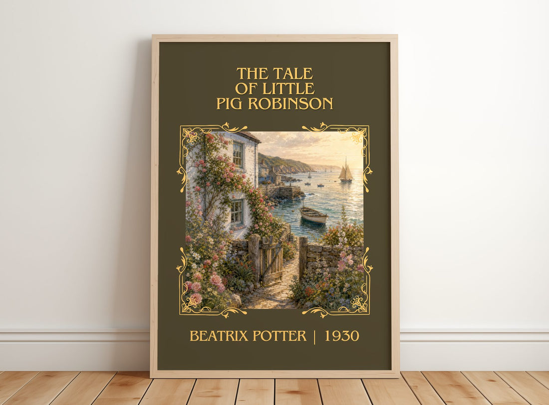 Tale Of Little Pig Robinson Classic Book Art Print by Beatrix Potter – framed print leaning on a wooden floor