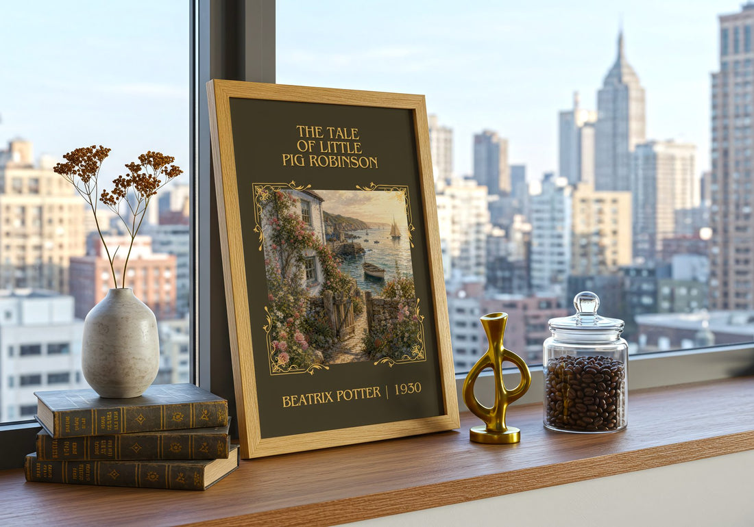 Tale Of Little Pig Robinson Classic Book Art Print by Beatrix Potter – framed print on a city-view windowsill