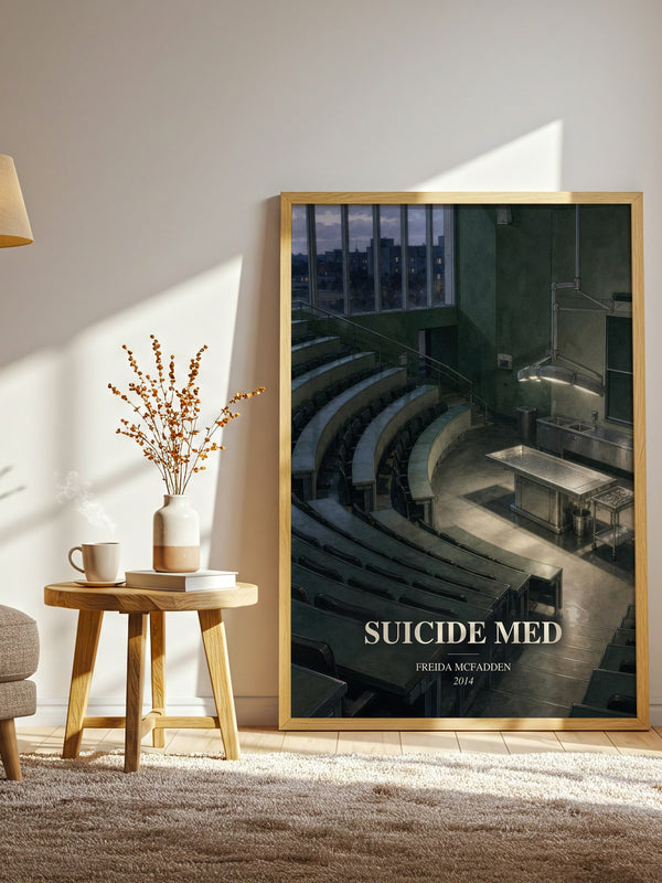 Suicide Med watercolour print in frame leaning in hallway – thriller wall art