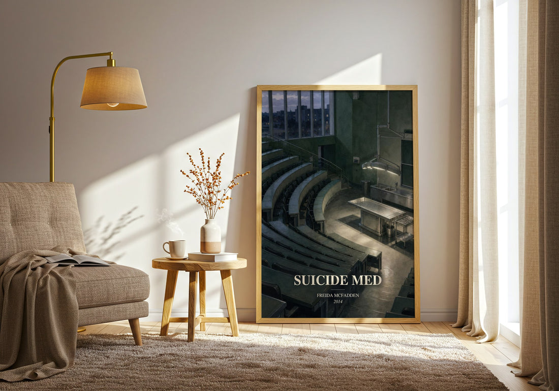 Suicide Med watercolour print in frame leaning in hallway – thriller wall art (mockup)