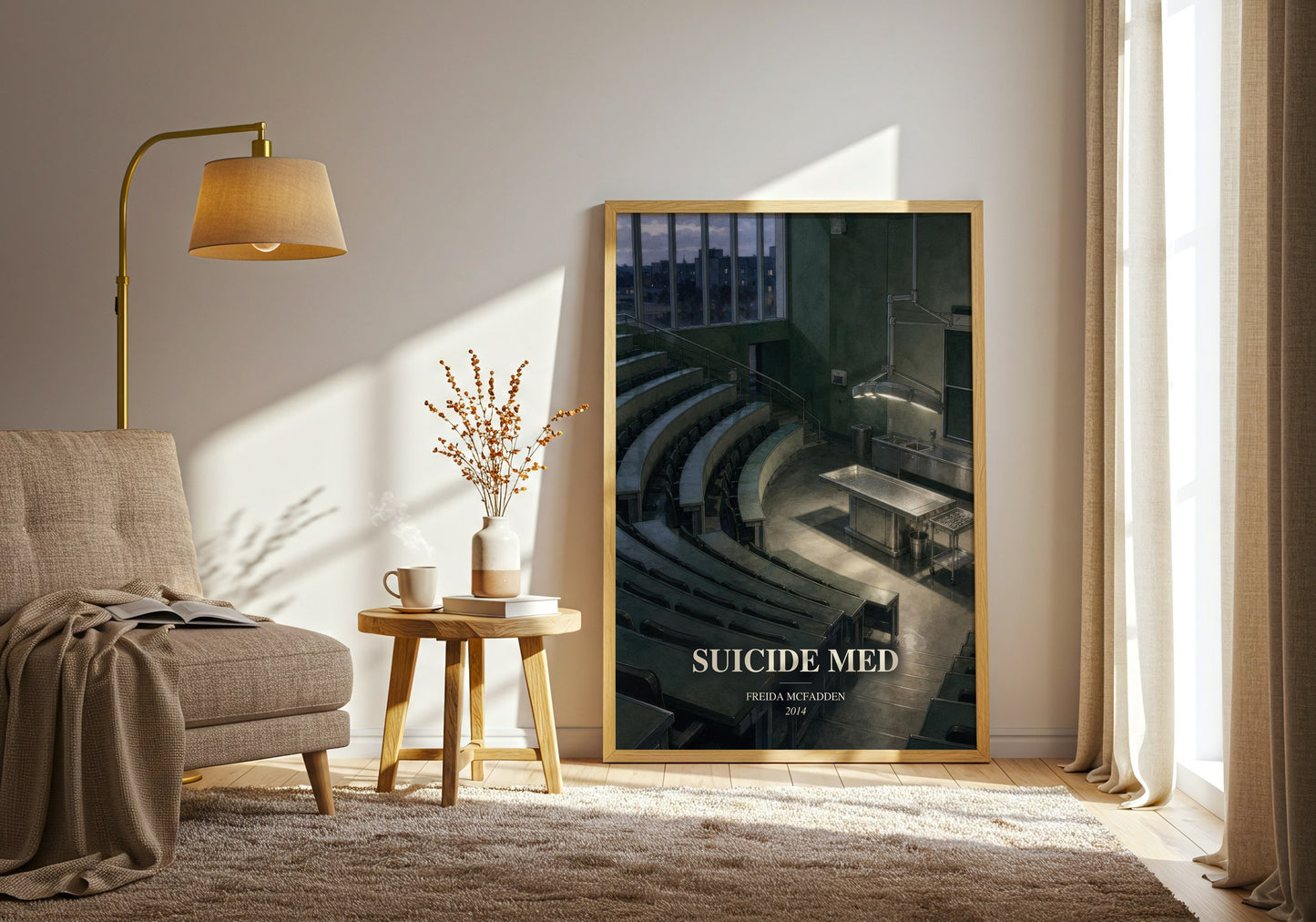 Suicide Med watercolour print in frame leaning in hallway – thriller wall art