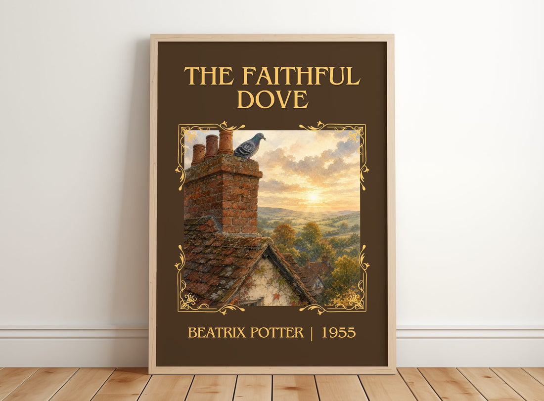 The Faithful Dove Classic Book Art Print by Beatrix Potter – framed print leaning on a wooden floor