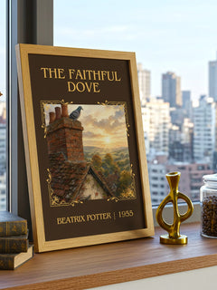 The Faithful Dove Classic Book Art Print by Beatrix Potter – framed print on a city-view windowsill