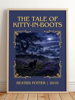 The Tale Of Kitty-In-Boots Classic Book Art Print by Beatrix Potter – framed print leaning on a wooden floor