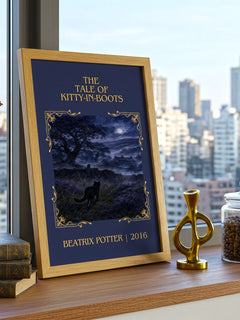 The Tale Of Kitty-In-Boots Classic Book Art Print by Beatrix Potter – framed print on a city-view windowsill