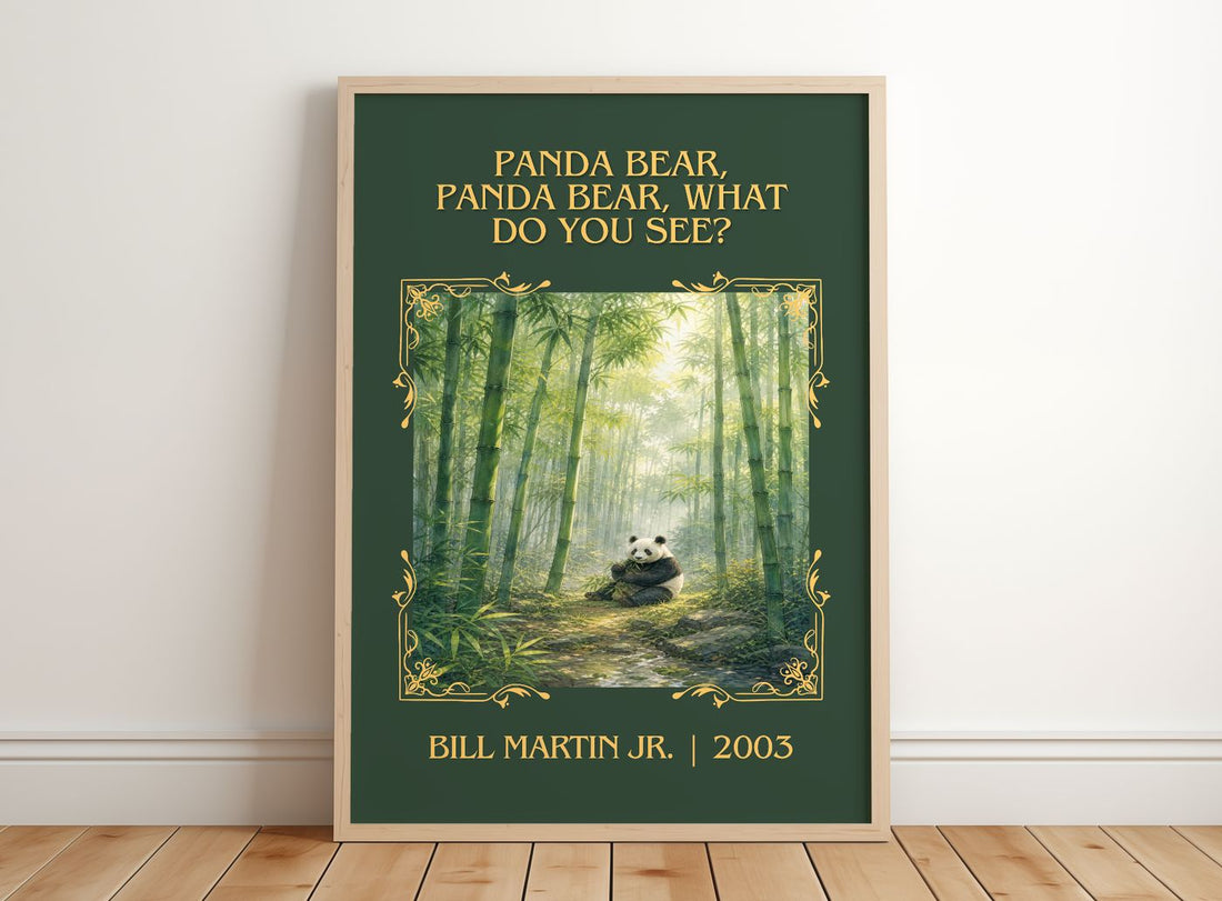 Panda Bear, Panda Bear, What Do You See? Classic Book Art Print – framed print leaning on a wooden floor