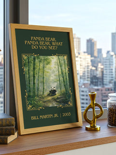 Panda Bear, Panda Bear, What Do You See? Classic Book Art Print – framed print on a city-view windowsill