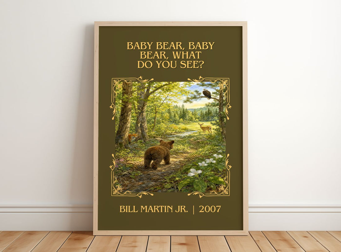 Baby Bear, Baby Bear, What Do You See? Classic Book Art Print – framed print leaning on a wooden floor