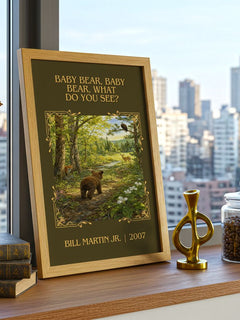 Baby Bear, Baby Bear, What Do You See? Classic Book Art Print – framed print on a city-view windowsill
