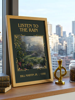 Listen To The Rain Classic Book Art Print by Bill Martin Jr. – framed print on a city-view windowsill