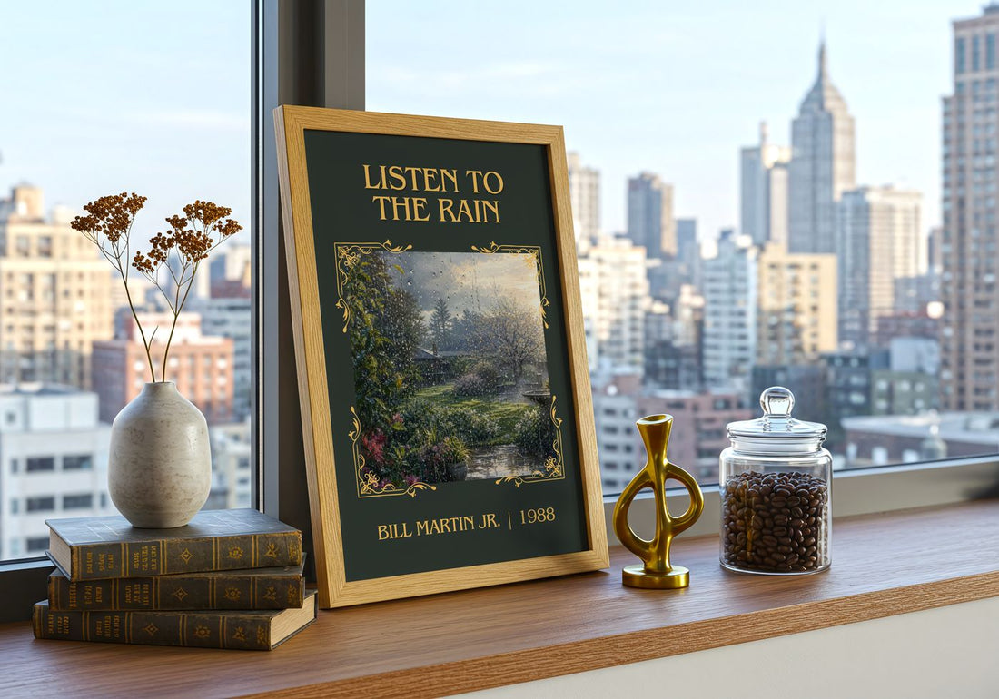 Listen To The Rain Classic Book Art Print by Bill Martin Jr. – framed print on a city-view windowsill