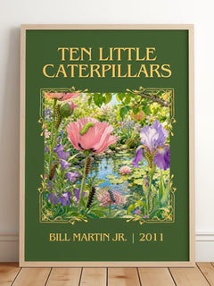 Ten Little Caterpillars Classic Book Art Print by Bill Martin Jr. – framed print leaning on a wooden floor