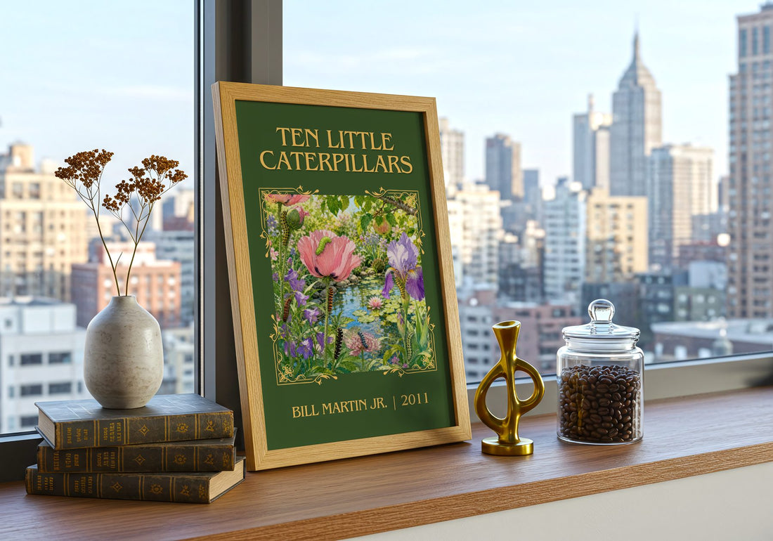 Ten Little Caterpillars Classic Book Art Print by Bill Martin Jr. – framed print on a city-view windowsill