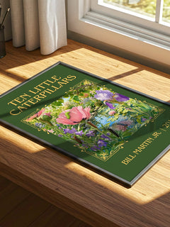 Ten Little Caterpillars Classic Book Art Print by Bill Martin Jr. – print on a sunlit desk