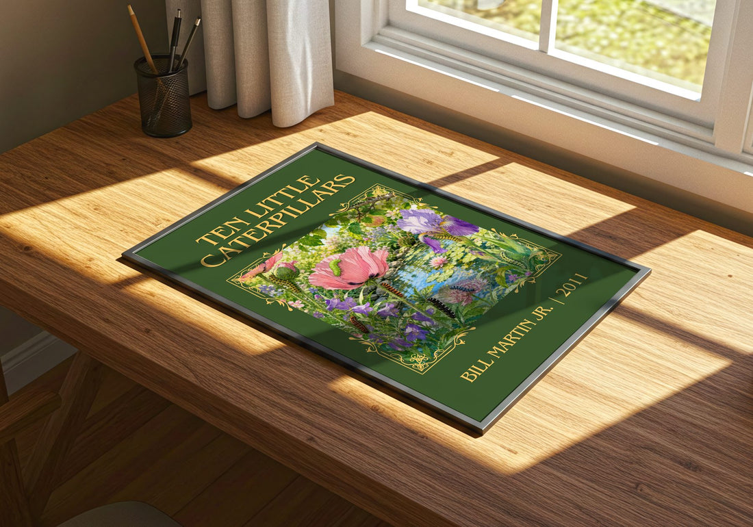 Ten Little Caterpillars Classic Book Art Print by Bill Martin Jr. – print on a sunlit desk
