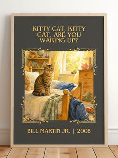 Kitty Cat, Kitty Cat, Are You Waking Up? Classic Book Art Print – framed print leaning on a wooden floor