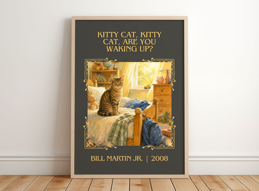 Kitty Cat, Kitty Cat, Are You Waking Up? Classic Book Art Print – framed print leaning on a wooden floor