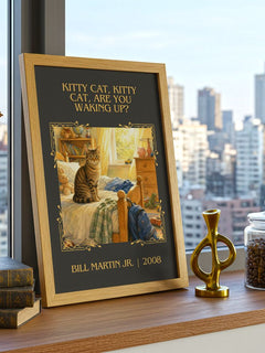 Kitty Cat, Kitty Cat, Are You Waking Up? Classic Book Art Print – framed print on a city-view windowsill