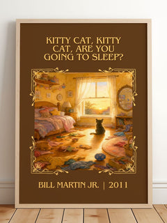 Kitty Cat, Kitty Cat, Are You Going To Sleep? Classic Book Art Print – framed print leaning on a wooden floor