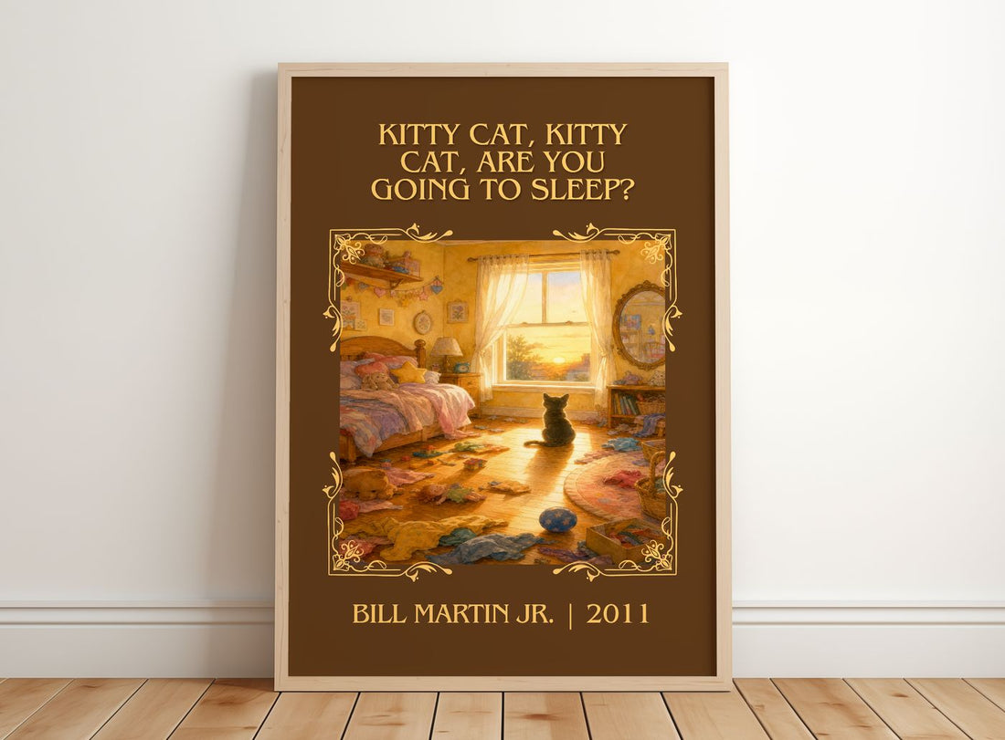 Kitty Cat, Kitty Cat, Are You Going To Sleep? Classic Book Art Print – framed print leaning on a wooden floor