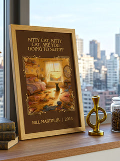 Kitty Cat, Kitty Cat, Are You Going To Sleep? Classic Book Art Print – framed print on a city-view windowsill