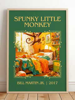Spunky Little Monkey Classic Book Art Print by Bill Martin Jr. – framed print leaning on a wooden floor