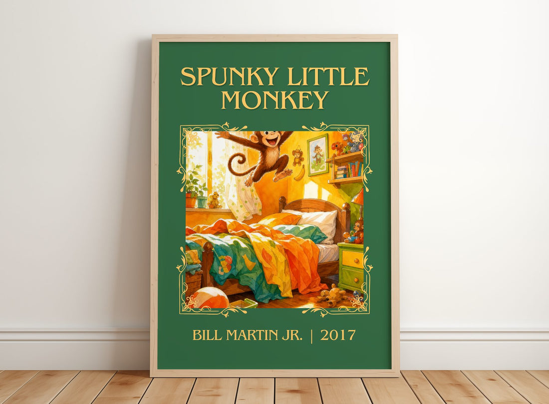 Spunky Little Monkey Classic Book Art Print by Bill Martin Jr. – framed print leaning on a wooden floor